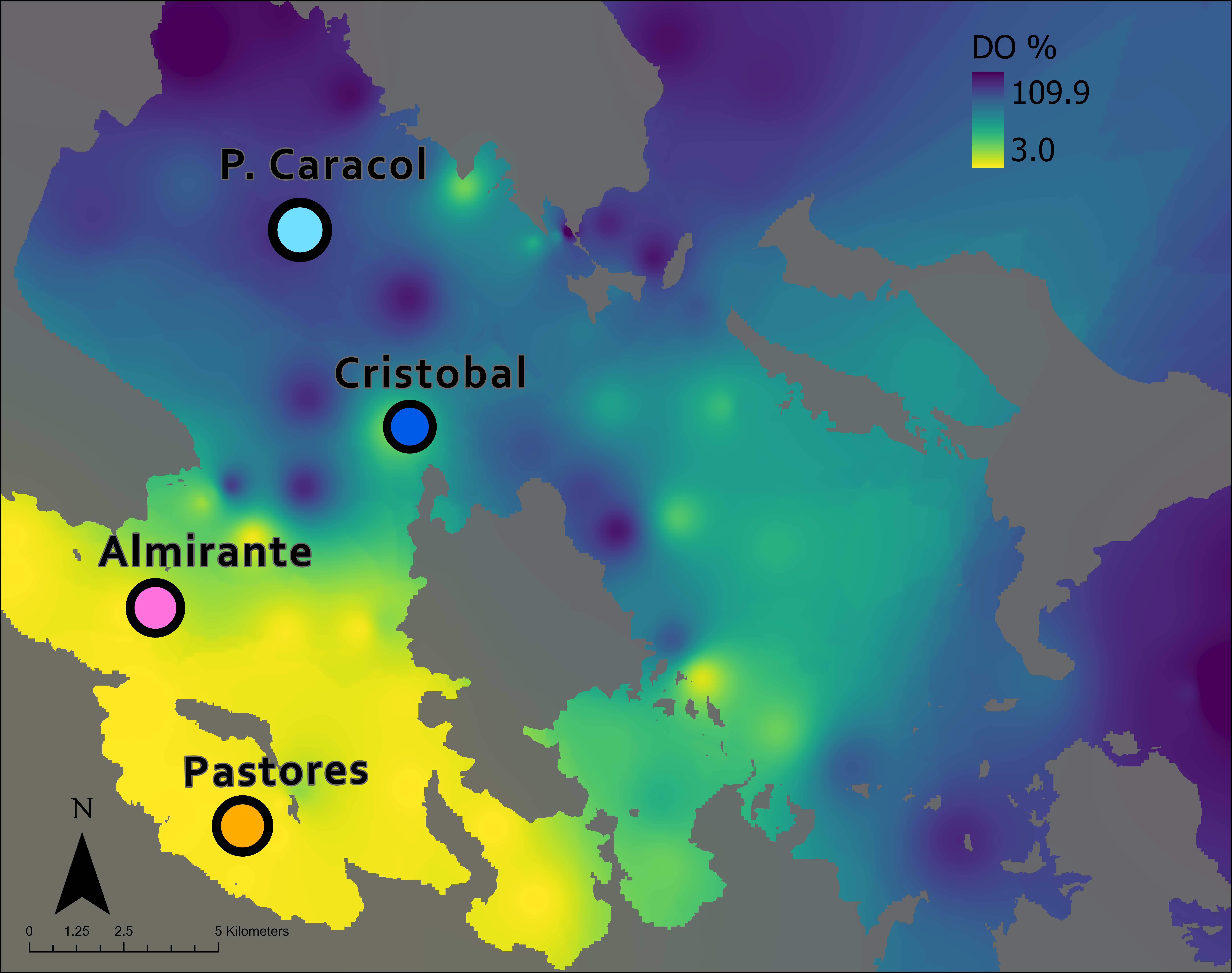 Four study sites within Almirante Bay. Color gradient shows the oxygen saturation (%) approx. 1 meter above the seafloor. Oxygen was measured at 83 sites throughout the bay on Sept. 24, 2017 and values interpolated with ArcGIS.